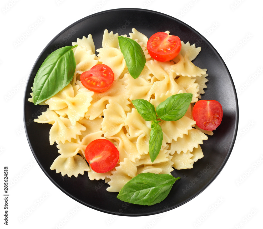farfalle pasta isolated on white background, plate of pasta. top view