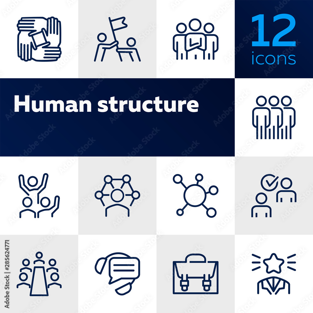 Human structure. Set of line icons on white background. Atom, union, idea. Social concept. Vector illustration can be used for topics like science, business, career - obrazy, fototapety, plakaty 