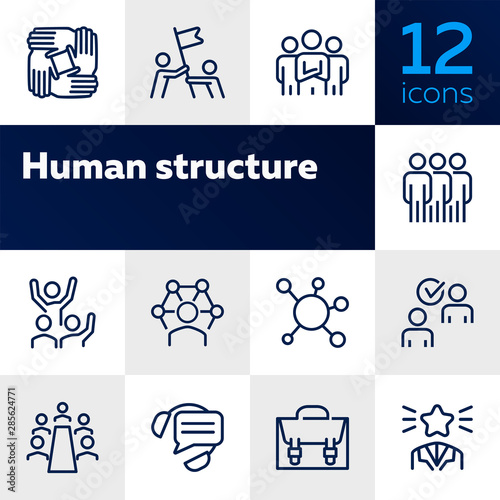 Human structure. Set of line icons on white background. Atom, union, idea. Social concept. Vector illustration can be used for topics like science, business, career
