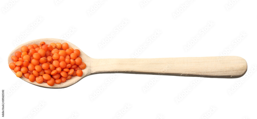 red lentils in wooden spoon isolated on white background. Top view. red lentils in wooden spoon isolated on white background. Top view.