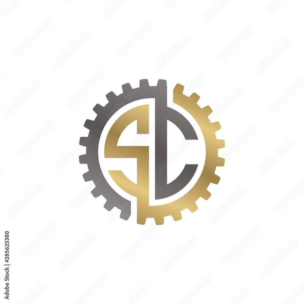 Initial letter S and C, SC, interlock cogwheel gear logo, black gold on white background Initial letter S and C, SC, interlock cogwheel gear logo, black gold on white background