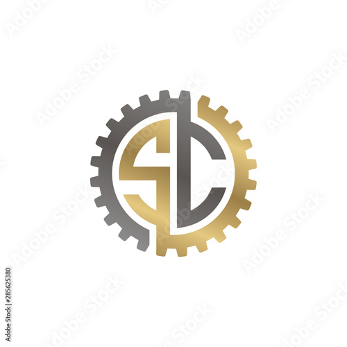 Initial letter S and C, SC, interlock cogwheel gear logo, black gold on white background