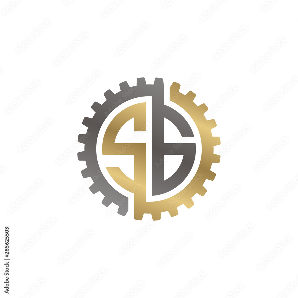 Initial letter S and G, SG, interlock cogwheel gear logo, black gold on white background Initial letter S and G, SG, interlock cogwheel gear logo, black gold on white background