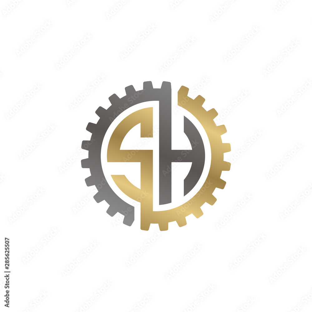 Initial letter S and H, SH, interlock cogwheel gear logo, black gold on white background Initial letter S and H, SH, interlock cogwheel gear logo, black gold on white background