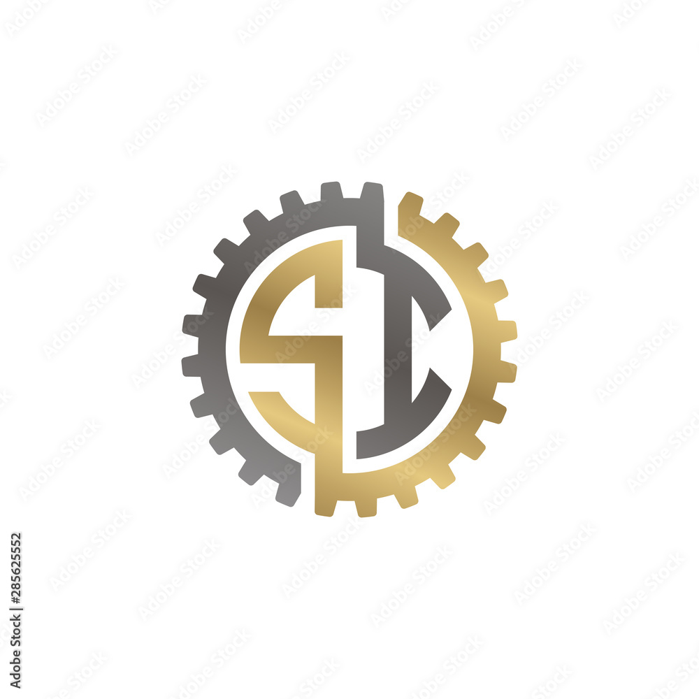 Initial letter S and I, SI, interlock cogwheel gear logo, black gold on white background Initial letter S and I, SI, interlock cogwheel gear logo, black gold on white background
