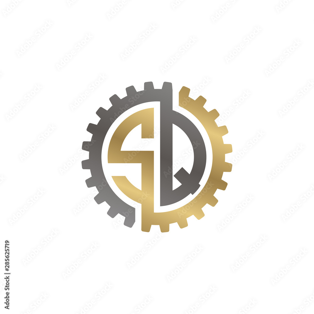 Initial letter S and Q, SQ, interlock cogwheel gear logo, black gold on white background Initial letter S and Q, SQ, interlock cogwheel gear logo, black gold on white background