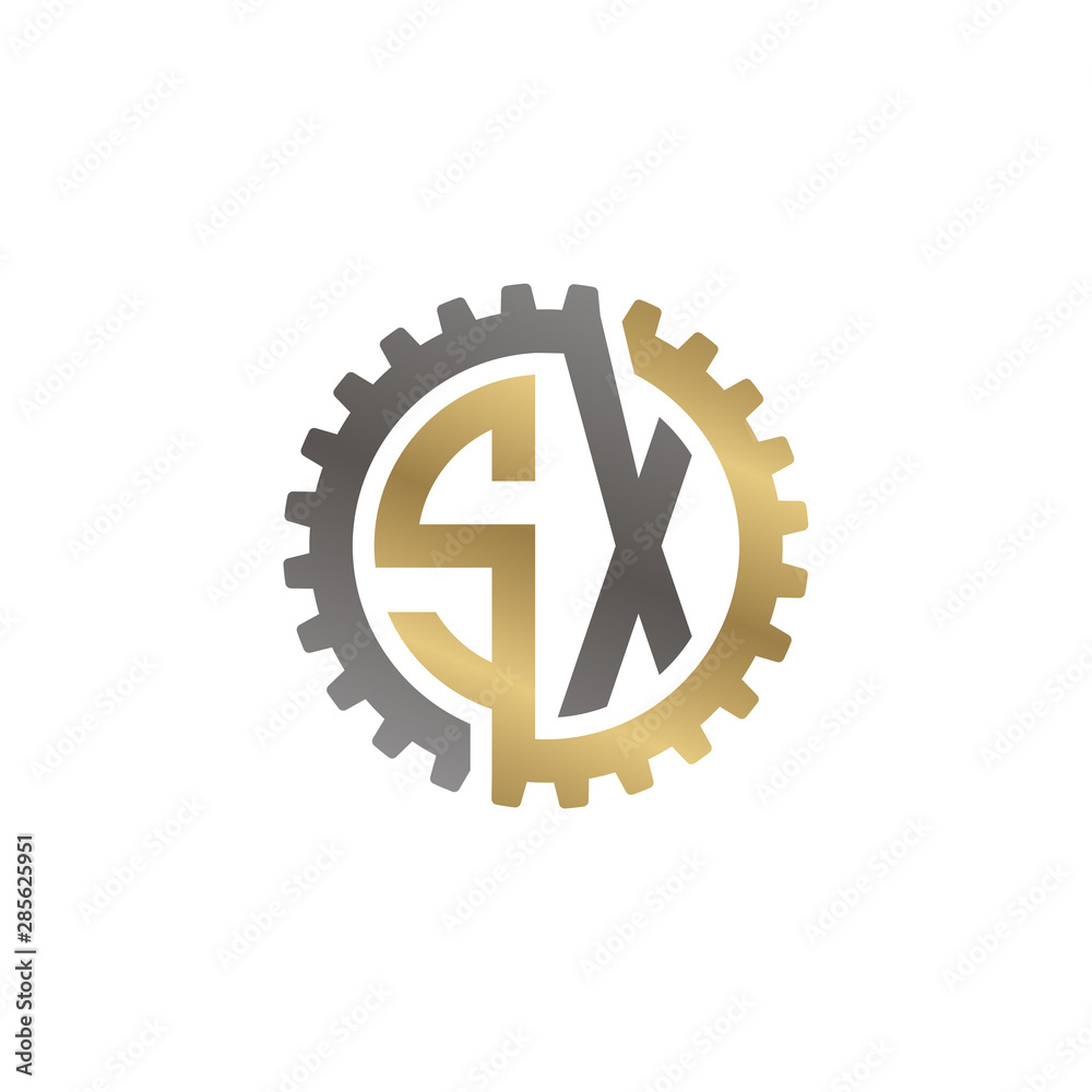 Initial letter S and X, SX, interlock cogwheel gear logo, black gold on white background Initial letter S and X, SX, interlock cogwheel gear logo, black gold on white background