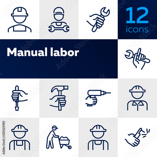 Manual labor line icon set. Hammer, wrench, constructor. Blue collar concept. Can be used for topics like job, occupation, engineering