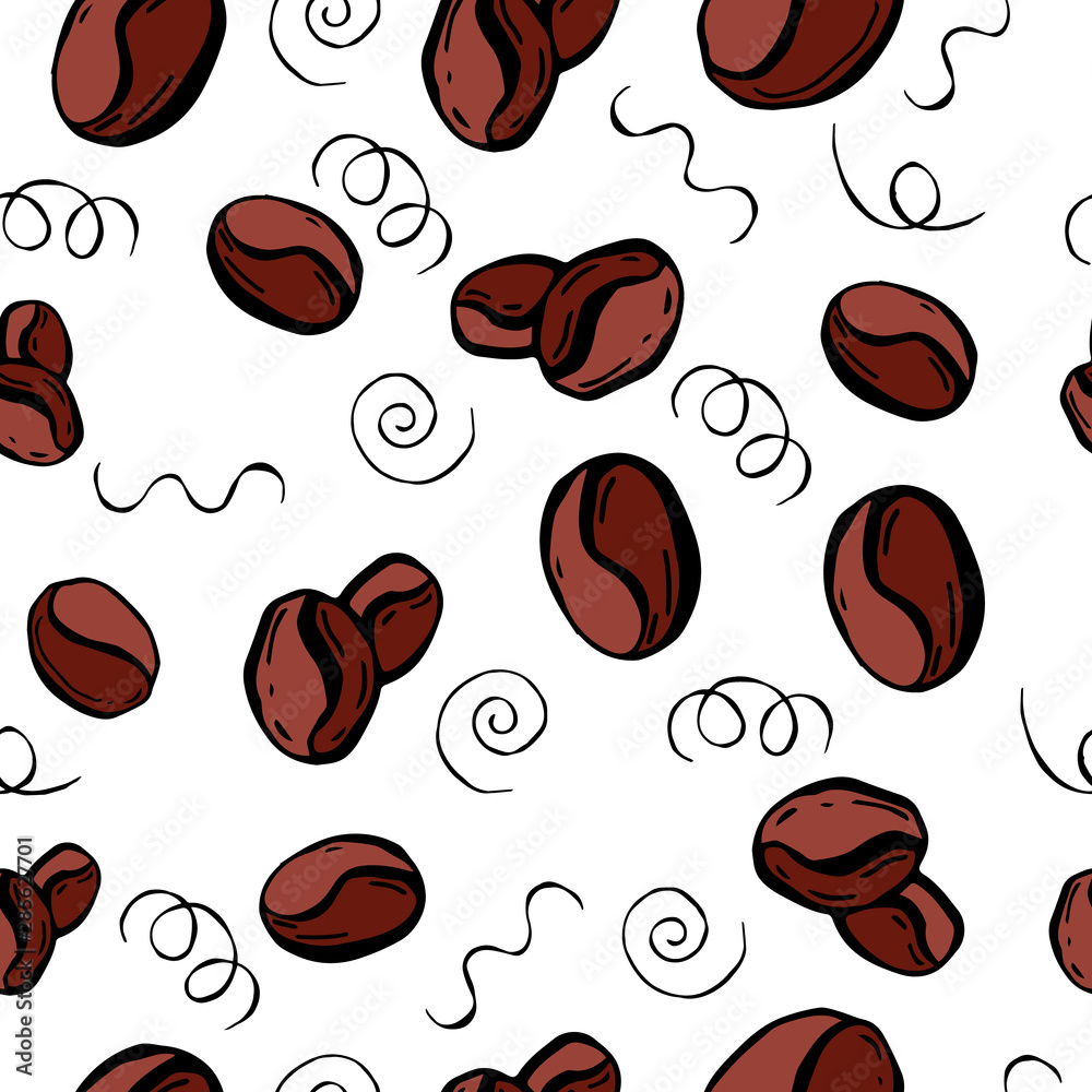Coffee beans seamless vector pattern. Hand drawn illustration in sketch style. Vector illustration.