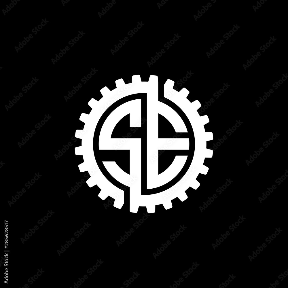 Fototapeta premium Initial letter S and E, SE, interlock cogwheel gear monogram logo, white color on black background