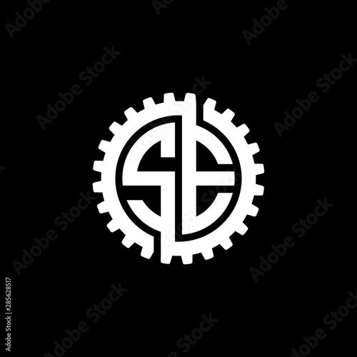 Initial letter S and E, SE, interlock cogwheel gear monogram logo, white color on black background