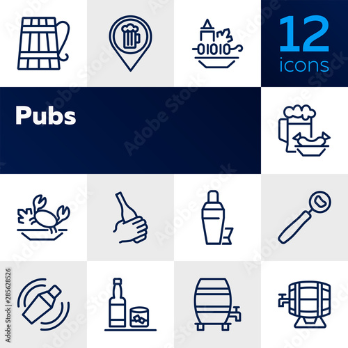 Pubs line icon set. Set of line icons on white background. Cocktail, beer mug, fresh crab. Food concept. Vector illustration can be used for topics like eating, drinking, resting