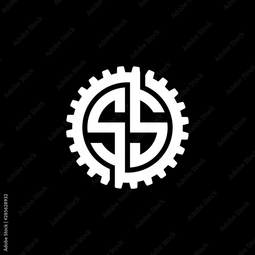 Initial letter S and S, SS, interlock cogwheel gear monogram logo, white color on black background Initial letter S and S, SS, interlock cogwheel gear monogram logo, white color on black background