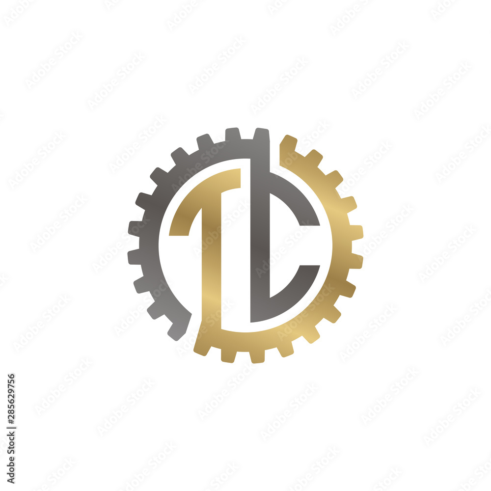 Initial letter T and C, TC, interlock cogwheel gear logo, black gold on white background Initial letter T and C, TC, interlock cogwheel gear logo, black gold on white background