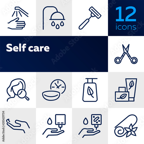 Self care line icon set. Shower, scissors, cream. Beauty care concept. Can be used for topics like hygiene, spa salon, daily routine