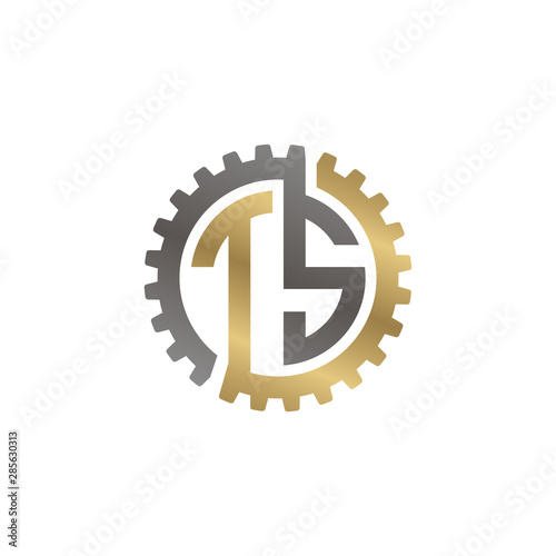 Initial letter T and S, TS, interlock cogwheel gear logo, black gold on white background