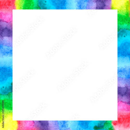 Square bright color rainbow frame made of abstract watercolor spots. For decoration of images, photos. Expresses happiness and joy. It's hand-painted.