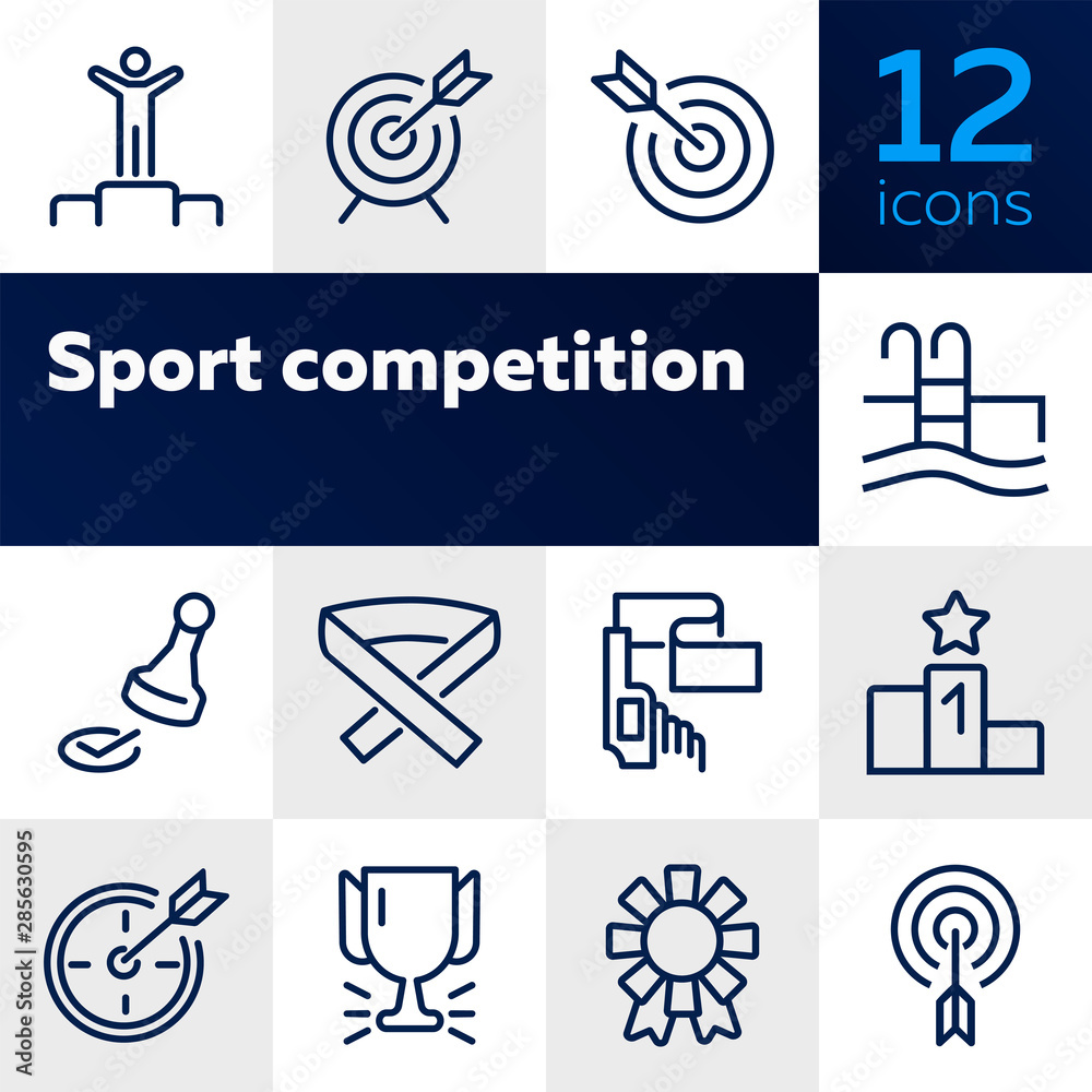 Sport competition line icon set. Set of line icons on white background. Target, arrow, pool. Winning concept. Vector illustration can be used for topics like sport, Olympic games - obrazy, fototapety, plakaty 