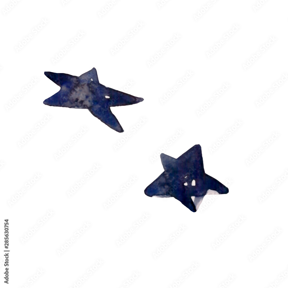 Obraz premium Watercolor illustration of a minimalistic scandinavian dark black and blue stars. Hand drawn isolated on a white background.