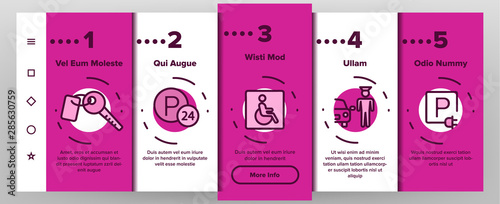 Parking Onboarding Mobile App Page Screen Vector. Parking Service Sign And GPS Mark, Garage With Car And Bicycle, Key And Park Place Linear Pictograms. Illustrations