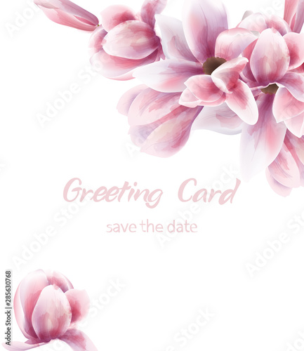 Pink lily bouquet Vector watercolor. Blue leaves delicate decoration. Provence rustic boho poster. Wedding, birthday invitation, ceremony event greeting decors