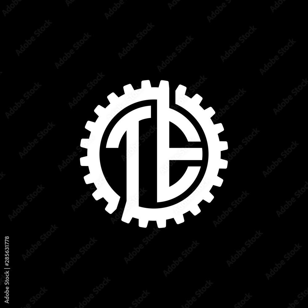 Fototapeta premium Initial letter T and E, TE, interlock cogwheel gear monogram logo, white color on black background