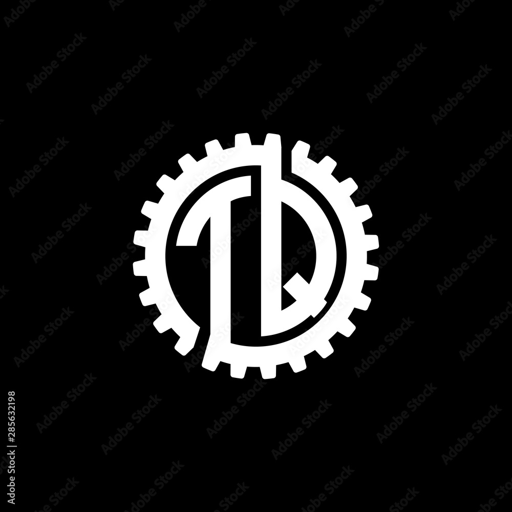 Initial letter T and Q, TQ, interlock cogwheel gear monogram logo, white color on black background Initial letter T and Q, TQ, interlock cogwheel gear monogram logo, white color on black background