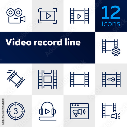 Video record line icons. Set of line icons on white background. Film making concept. Camera, tape, play sign. Can be used for topics like video recording, cinema, media entertainment