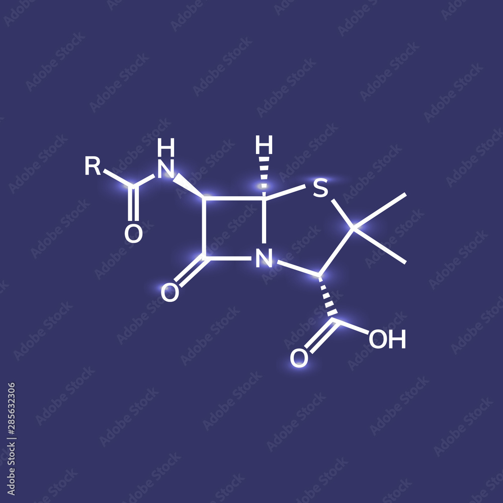 Penicillin  chemical formula on blue background - obrazy, fototapety, plakaty 