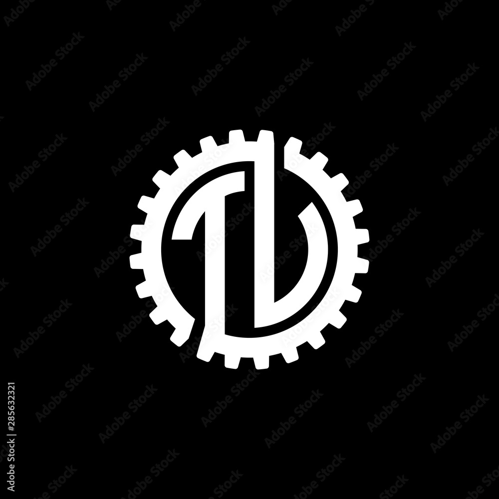 Initial letter T and U, T and V, TU, TV, interlock cogwheel gear monogram logo, white color on black background