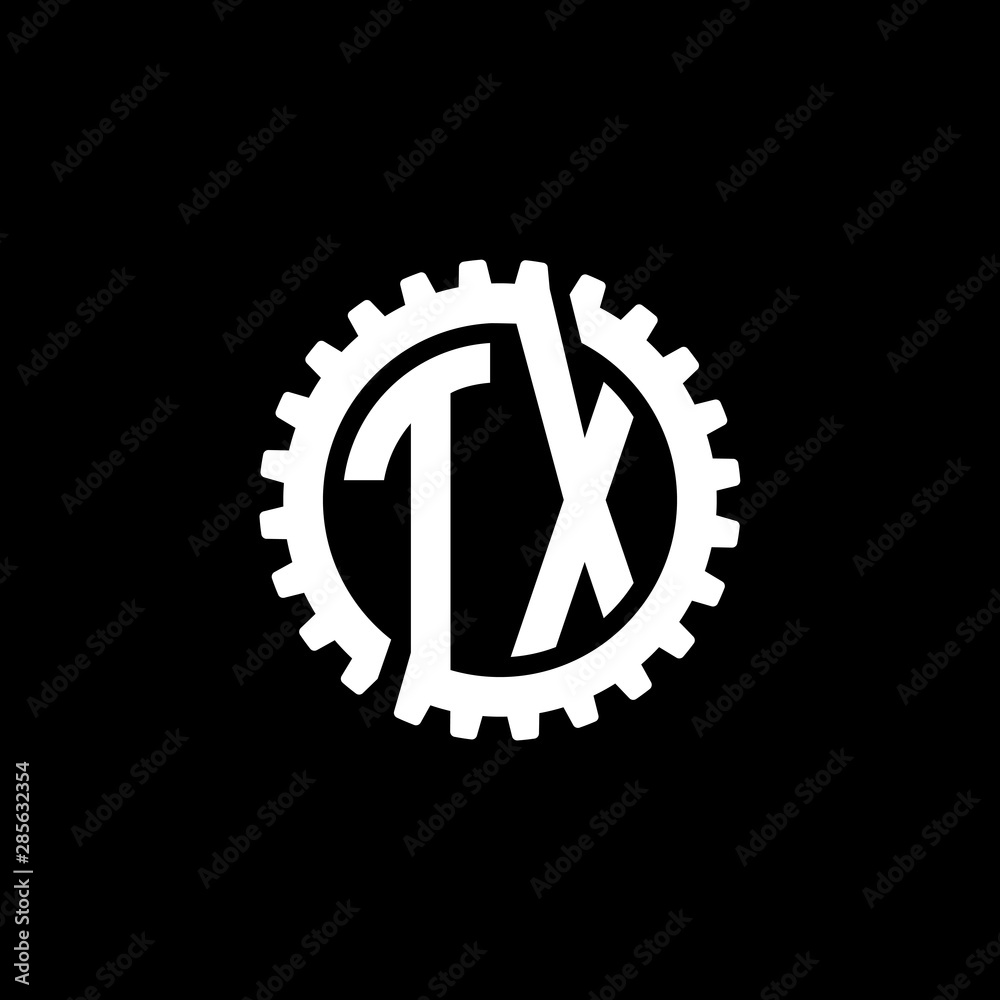 Initial letter T and X, TX, interlock cogwheel gear monogram logo, white color on black background Initial letter T and X, TX, interlock cogwheel gear monogram logo, white color on black background