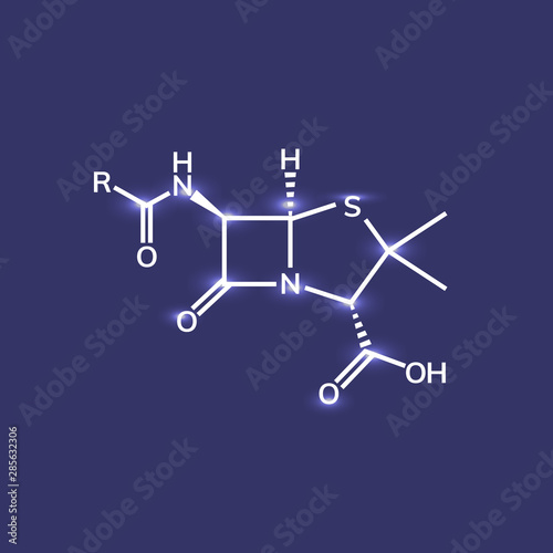 Penicillin chemical formula on blue background