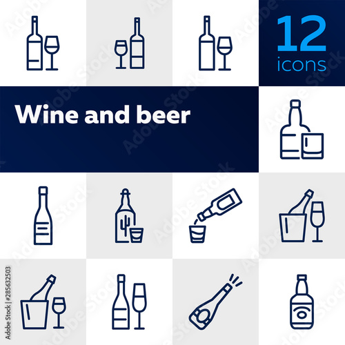 Wine and beer line icon set. Set of line icons on white background. Alcohol concept. Bottle, glass, wine, beer. Vector illustration can be used for topics like bar, alcohol, restaurant