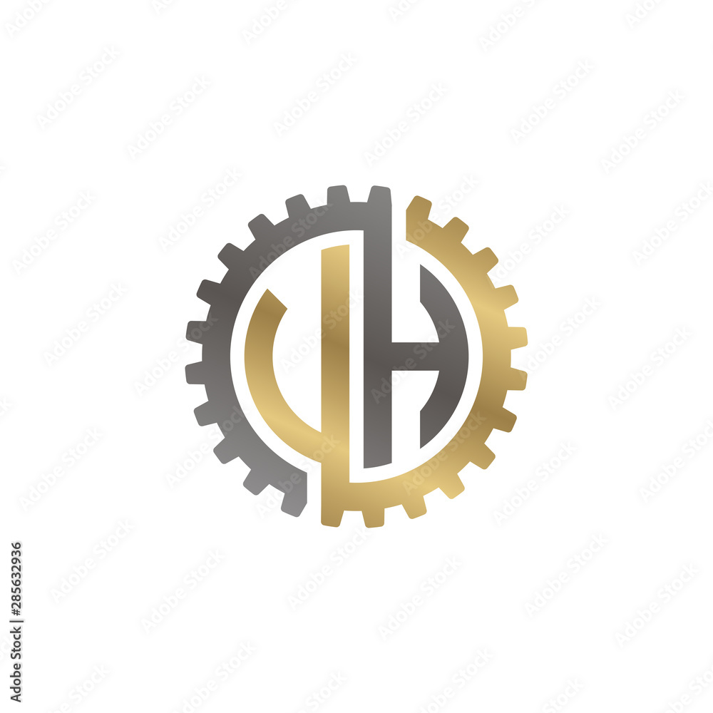 Initial letter U and H, V and H, UH, VH, interlock cogwheel gear logo, black gold on white background Initial letter U and H, V and H, UH, VH, interlock cogwheel gear logo, black gold on white background