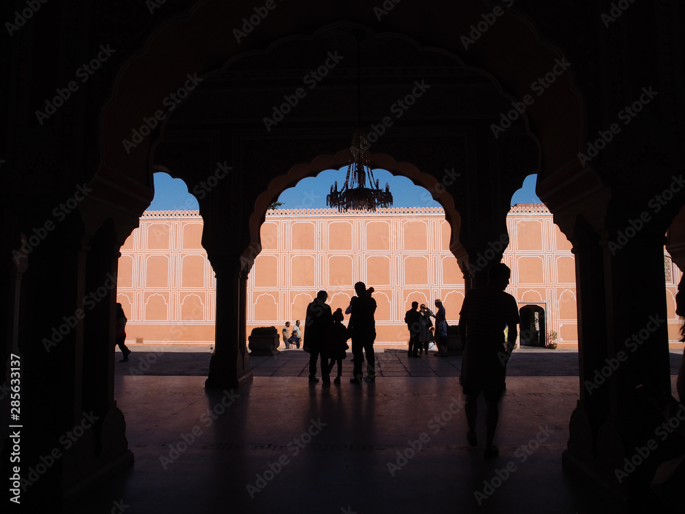 Silhouette in the City Palace museum, Jaipur, Rajasthan, India. Detail of the architecture. 