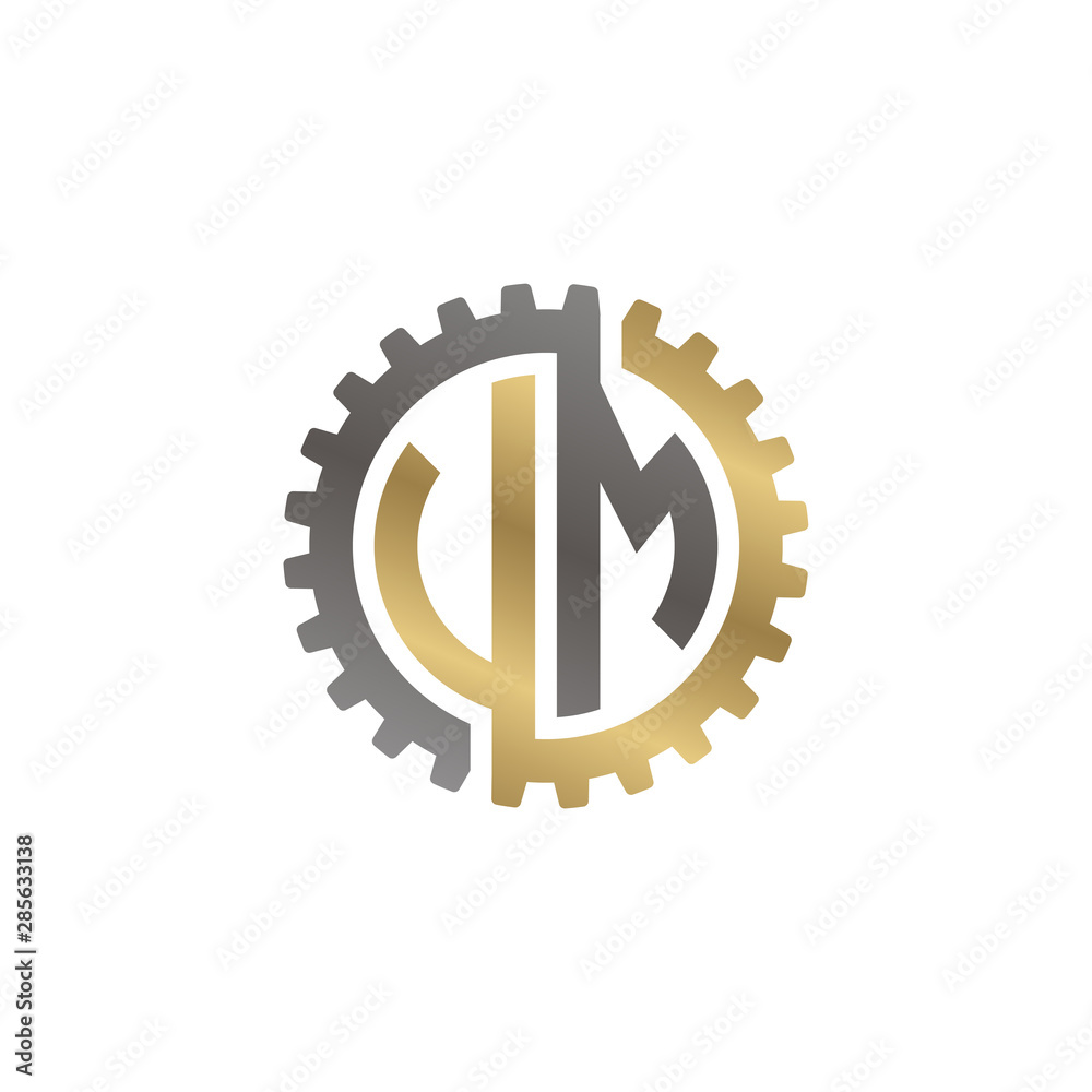 Initial letter U and M, V and M, UM, VM, interlock cogwheel gear logo, black gold on white background
