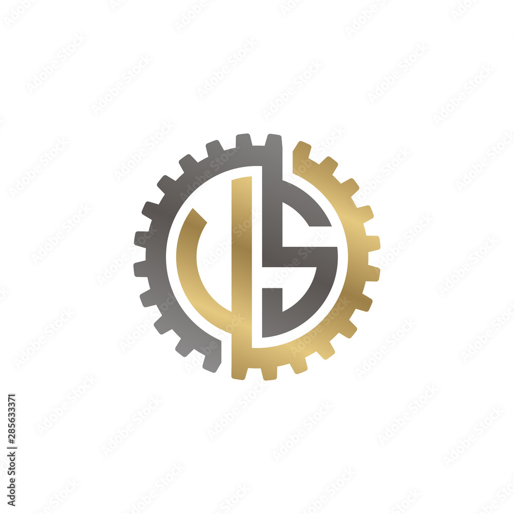Initial letter U and S, V and S, US, VS, interlock cogwheel gear logo, black gold on white background Initial letter U and S, V and S, US, VS, interlock cogwheel gear logo, black gold on white background