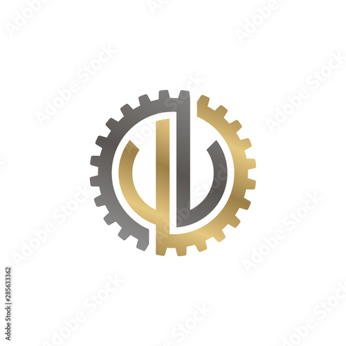 Initial letter U and U, V and V, U and V, V and U, UU, VV, UV, VU, interlock cogwheel gear logo, black gold on white background