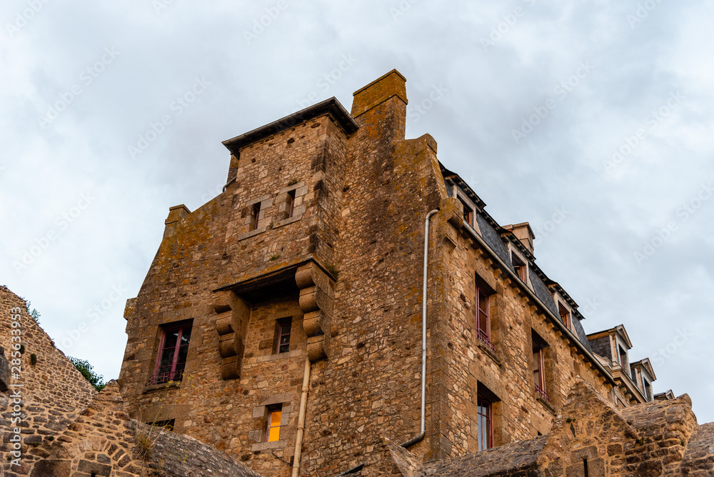 Low angle view of the ramparts of Mont Saint Michel