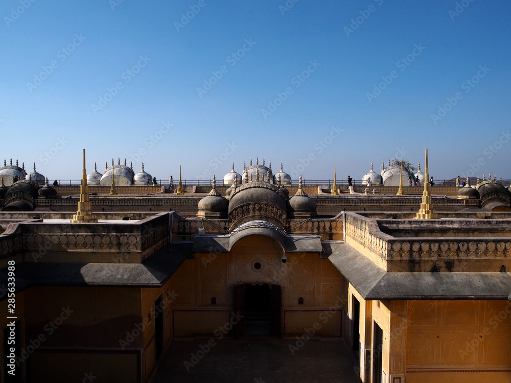 At the roof of the Nahargarh fort the pink city of Jaipur in The Indian. Architectural detail. 