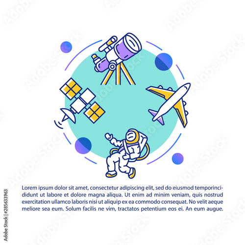 Aerospace industry article page vector template. Space aviation. Brochure, magazine, booklet design element with linear icons and text boxes. Print design. Concept illustrations with text space