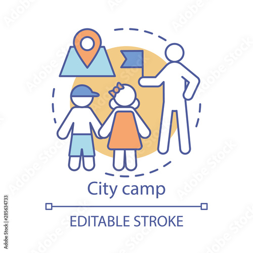 City camp concept icon. Summer urban children club, holiday pastime idea thin line illustration. Exploring town, visiting city landmarks. Vector isolated outline drawing. Editable stroke