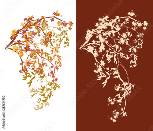 elegant maple tree branch with autumn colored foliage - fall season nature vector design set