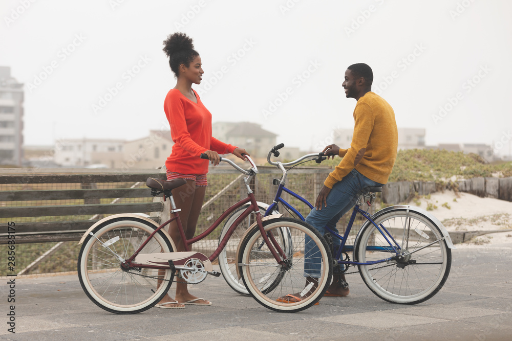 Obraz premium Couple interacting with each other while holding bicycle
