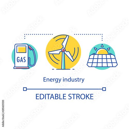 Energy industry concept icon. Power sector. Traditional and renewable energy. Production and sale of fuel and electricity idea thin line illustration. Vector isolated outline drawing. Editable stroke