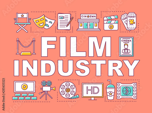 Film industry word concepts banner. Show business. Cinema production and distribution. Presentation, website. Isolated lettering typography idea with linear icons. Vector outline illustration