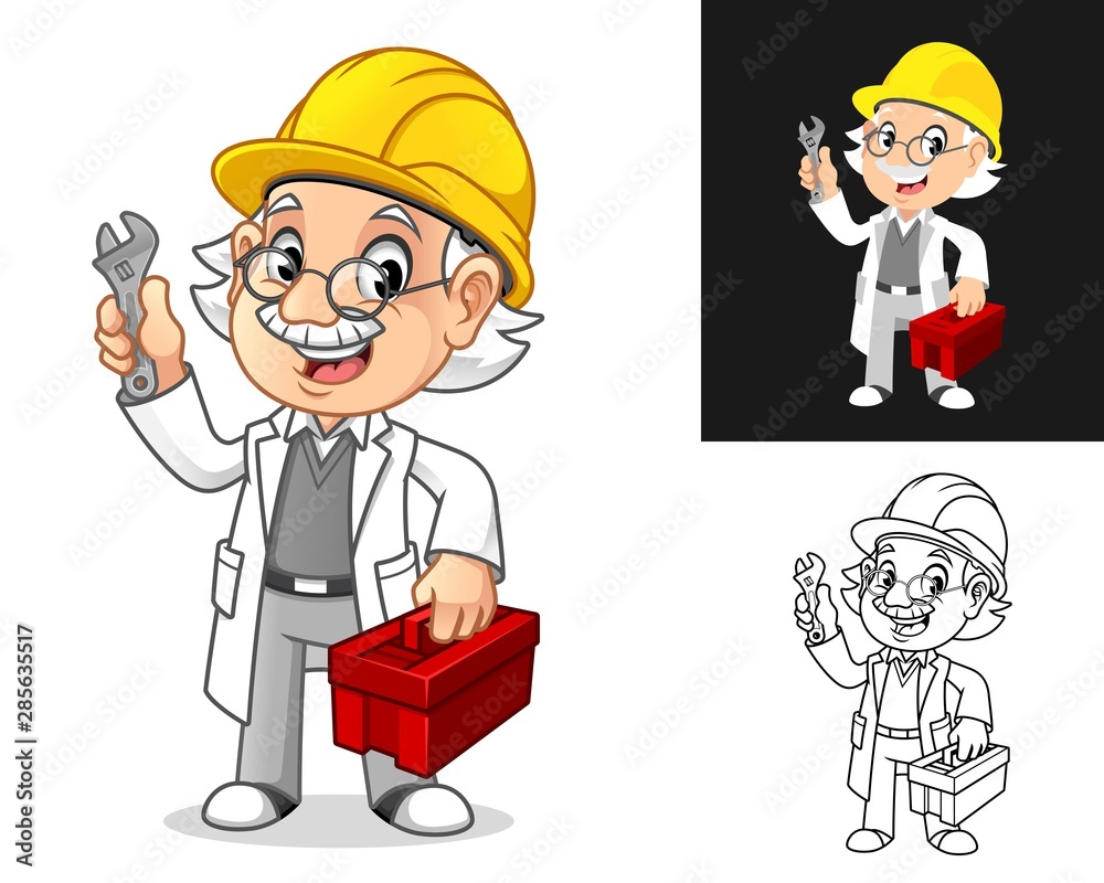 Happy Old Man Professor Mechanic with Glasses and Hard Hat Holding Wrench  and Toolbox Cartoon Character Design, Including Flat and Line Art Designs,  Vector Illustration, in Isolated White Background. Stock Vector |