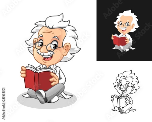Happy Old Man Professor with Glasses Reading a Book Cartoon Character Design, Including Flat and Line Art Designs, Vector Illustration, in Isolated White Background.