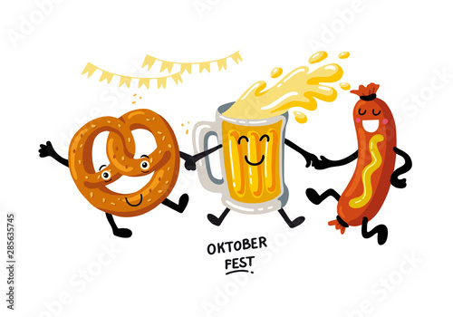 Oktoberfest- german beer festival in munich. Vintage food poster cartoon design.  Kawaii characters beer, pretzel, sausage dance. Fanny Template flat vector illustration for menu, card, print.