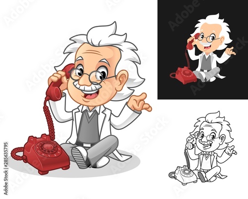 Happy Old Man Professor with Glasses Holding Phone Receiver Cartoon Character Design, Including Flat and Line Art Designs, Vector Illustration, in Isolated White Background.